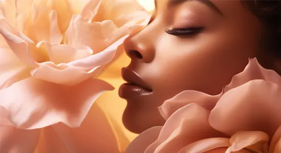 woman-smells-peach-flower