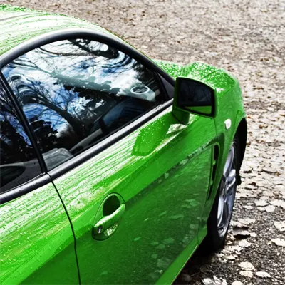 green-car-on-leaves-filled-driveway